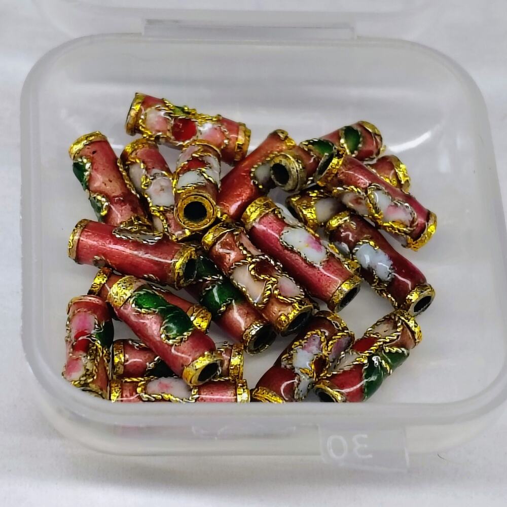 BEAUTIFUL CLOISONNE FLORAL METAL TUBE BEADS - 3cm X 1 cm - 22 PIECES